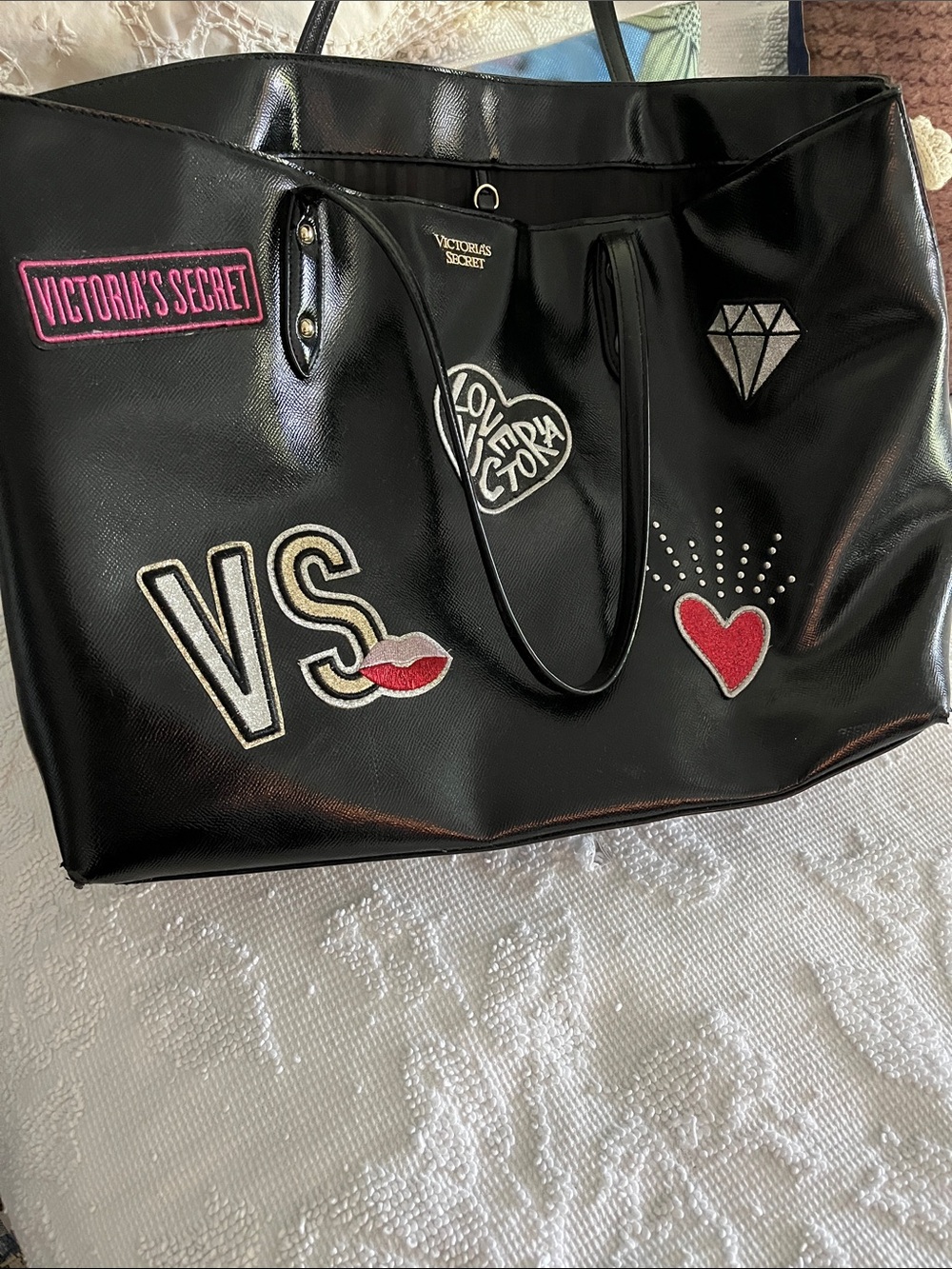 Victoria's Secret Black Patent Tote with Pink and Red Patch Accents